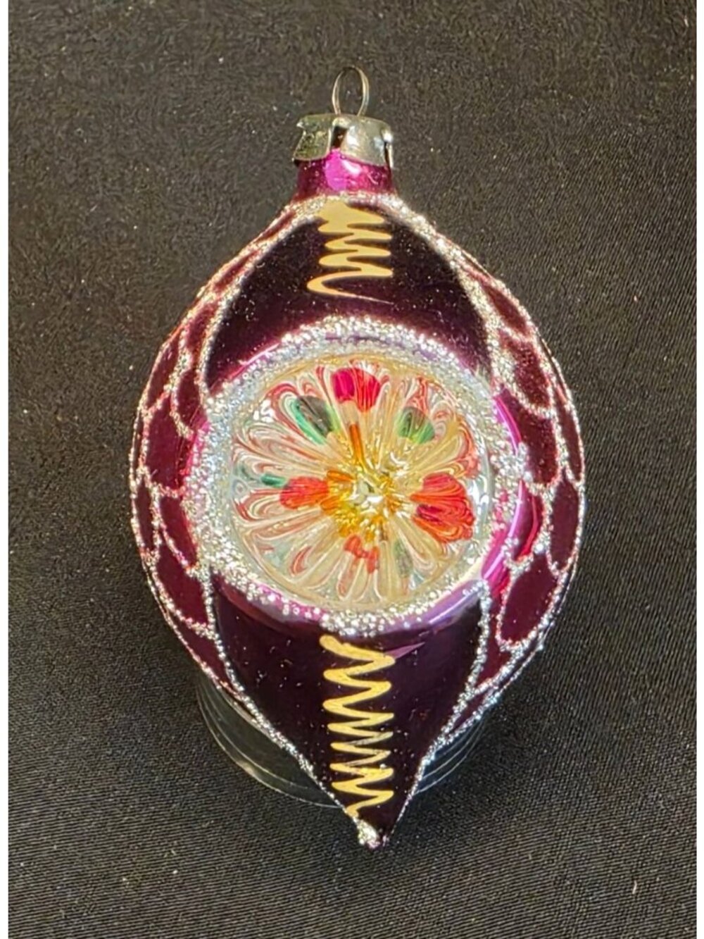 Vintage 3" Teardrop Indent Reflector Christmas Ornament Purple Glitter Designs